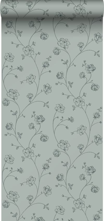ESTAhome behang toile de jouy rozen vergrijsd groen - 53 cm x 10.05 m - 139314