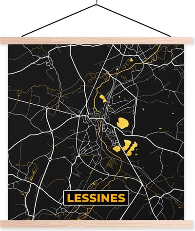 Posterhanger incl. Poster 40x40 cm - Schoolplaat - Kaart - Lessines - Goud - Stadskaart - Plattegrond - Textielposter - Blanke latten - Stadskaart