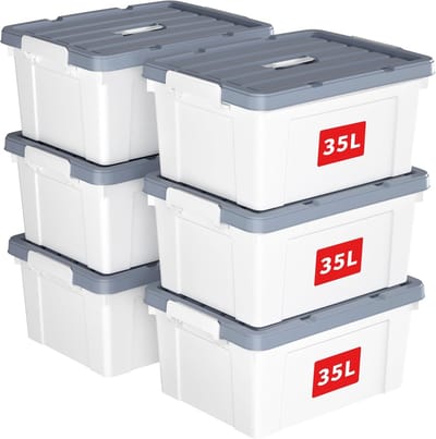 Famanu 35L x 6 opbergdozen, plastic opbergdoos met deksels, organiserende container met handvat en veilige vergrendelende gespen, stapelbaar, nestbaar, draagtas voor thuiskantoor kleding, 35L-6Pack