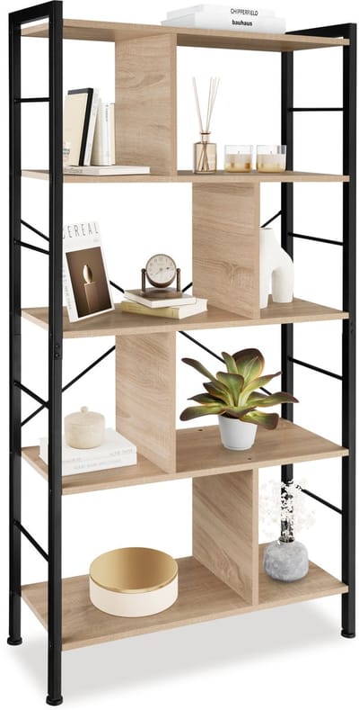tectake® Wandkast – Boekenkast met 4 Niveaus – Industriële Houten Boekenkast met Zwart Metaal Frame – 155 x 74 x 30 cm – Open Opbergmeubel voor Woonkamer, Slaapkamer & Kantoor - lichtbruin