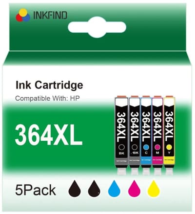 INKFIND 364XL voor HP364 HP 364 HP364X HP 364XL inkt van 5 stuks (Zwart x 2 Cyaan x 1 Magenta x 1 Geel x 1) voor HP Photosmart 5510 5514, 5515, 5520, 5522, 5524, 5525, 6510, 6520, 6525, 7510, 7520, B109n, B110, B209a, B210, B8550, C5380, C6380, D5460