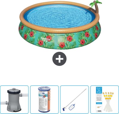 Bestway Rond Opblaasbaar Fast Set Zwembad - Paradijsprint - 457 x 84 cm - Inclusief Pomp Filter - Schoonmaakset - Testrips