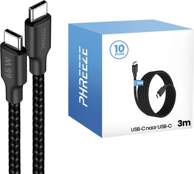 Usb C kabels 3m - Grootverpakking - 65w, 480mbps, nylon gevlochten, zwart - Phreeze