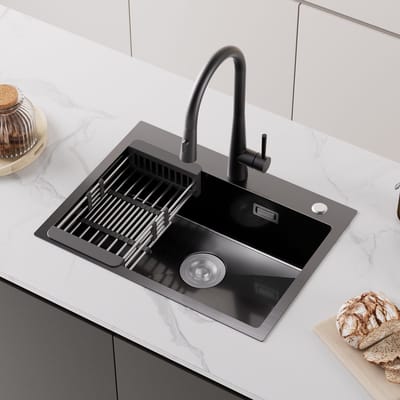 Cecipa MAX Spoelbak Keuken 60x45 cm - Gootsteen Mat Zwart - Enkele Wasbak RVS - Inclusief Sifon & Uitschuifbaar Afdruiprek - Opbouw & Vlakbouw