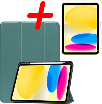 Hoesje Geschikt voor Apple iPad 10 (2022) - 10.9 inch - 10e Generatie - Met Screenprotector - Trifold Bookcase - Hard Cover Case - Met Uitsparing Geschikt voor Apple Pencil - Hardcover Book - Tablet Hoes - Donkergroen