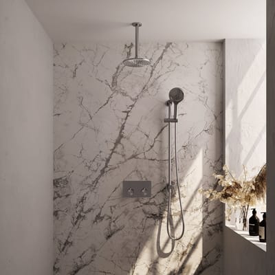 Brauer Brushed Edition thermostatische inbouw regendouche met drukknoppen SET 71 met 20 cm douchekop en plafondarm en 3-standen handdouche en doucheslang en geïntegreerde glijstang RVS geborsteld PVD