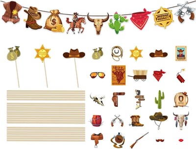 Dailygoods- Cowboy-rekwisieten 25 stuks - Veelkleurige Foto-rekwisieten - Cowboyvlaggen Set - Feestdecoraties - Themarekwisieten - Papiermateriaal - Feestrekwisieten