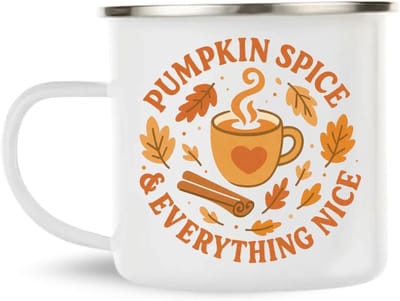 Emaille Mok 360 ml “Pumpkin Spice & Everything Nice” – Herfst Thee/Koffiemok met Illustraties – Lichtgewicht Outdoor Beker met RVS Rand – Ideaal voor Herfst, Wandelen & Cadeautjes – Vaatwasbestendig