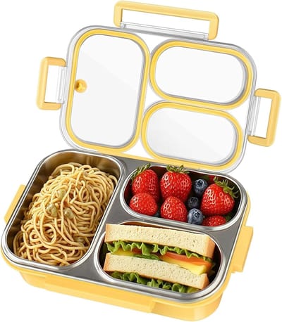 RVS Broodtrommel - Bento Box met 3 Vakken - 1000 ml - Vaatwasmachinebestendig Lunchbox - Voor School Werk en Reizen - Geel