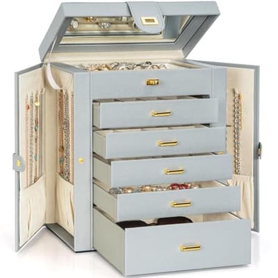 Grote Sieraden Doos Organizer - Functionele Slotbare Opbergdoos met Grote Spiegel, Leren Sieraden Opbergzak voor Vrouwen en Meisjes - Houders voor Ringen, Kettingen, Oorbellen en Armbanden - Grijs