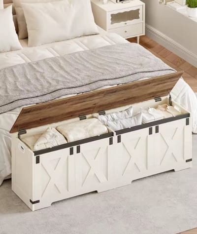 Luxe Opbergbank & Deken kist - 150cm - Landelijk Design - Met Gasveer & Veiligheidsscharnier - Wit/Houtlook - Zitbank voor Slaapkamer & Hal - 268L