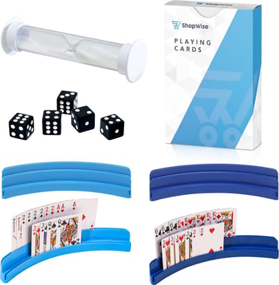 ShopWise Spelaccessoire Bundel - 5 Dobbelstenen - Premium Speelkaarten - 4 Kaartenstandaarden - Zandloper - Complete Set voor Kaart & Bordspellen