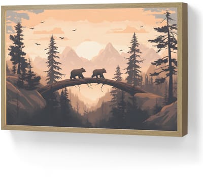 Wandlamp 60x40 cm - Oplaadbaar - Beren - Bomen - Landschap - Zonsondergang - Wandlampen binnen woonkamer - Slaapkamer lamp - Decoratieve nachtlamp - Vloerlamp draadloos