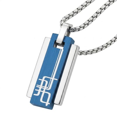 Zilverkleurige schakel ketting voor heren met rechthoekige blauw-zilveren hanger