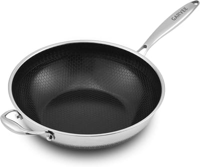 RVS Wokpan Ø 33 cm - 5 Liter - Hybride Antiaanbaklaag met Sneeuwvlok-textuur - Geschikt voor Inductie & Oven - PFOA-vrij - Vaatwasserbestendig