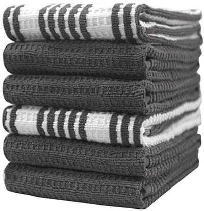 Grote Katoenen Theedoeken Set - 6 Absorberende Theedoeken met Hanglus - Gestreept Wafelgaren - 40 x 71 cm