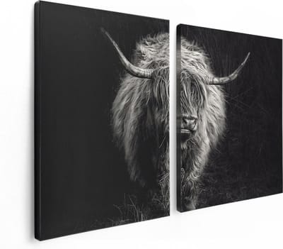 Artaza Canvas Schilderij Tweeluik Schotse Hooglander Koe - Zwart Wit - 120x80 - Foto Op Canvas - Canvas Print