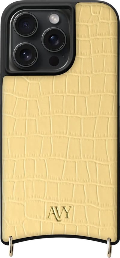 AVY Leren Hoesje geschikt voor Apple iPhone 15 Pro Max | Compatibel met MagSafe | Leather Case | Back Cover | Haakjes voor koord | Croco Geel