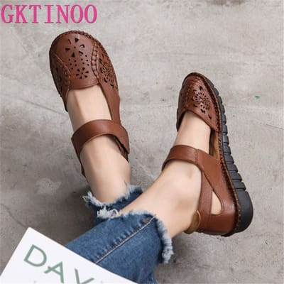 Holle lederen ademende zachte platte sandalen zomer damesschoenen vrouw casual effen gesp dames sandalen 37 white