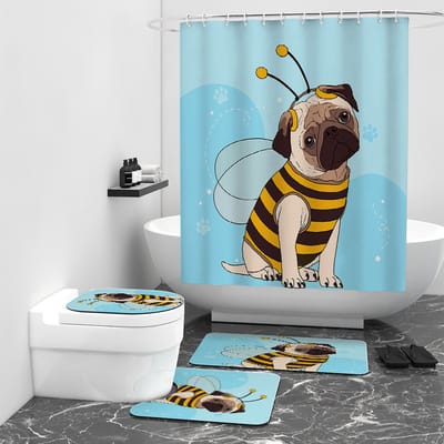 Floraweg Douchegordijn,Shower Curtain,badgordijn,badkamergordijn, dinosaurussen, katten，honden in de badkamer, digitale printen -Anti Schimmel - Inclusief 12 ringen -met 12 stuks douchegordijnhaken – Waterdicht -Wasbaar- Polyester - 180x200 cm