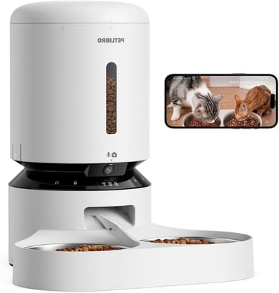 Automatische Voederdispenser voor 2 Katten met 1080P Camera, WiFi Verbinding en RVS Voerbakken, Slimme Voeding voor Huisdieren