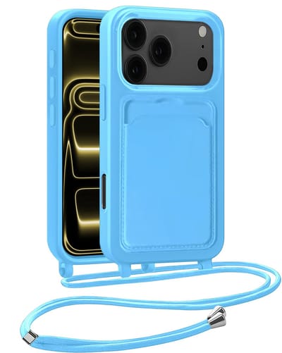 Hoesje Geschikt voor iPhone 17 Pro Max Telefoonhoesje Met Koord Case Pashouder Siliconen - Hoes Geschikt voor iPhone 17 Pro Max Hoesje Met Kaarthouder - Lichtblauw