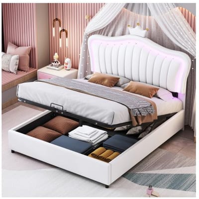 Lit d'enfant - MUVOE - 140 x 200 cm - Similicuir blanc - Rangement hydraulique - LED multicolore blanc
