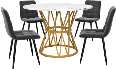 5-Delige Eettafelset, Ronde Eettafelset, Zitgroep, Keukenmeubilair – De tafel meet 100x100x76 cm, Inclusief 4 Stoelen, Tafelblad Met Marmerlook, Metalen Tafelpoten - Grijze Eetkamerstoel, Goud Tafelpoten