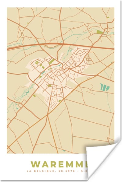 Poster Kaart - Vintage - Retro - Stadskaart - Waremme - Plattegrond - 120x180 cm XXL