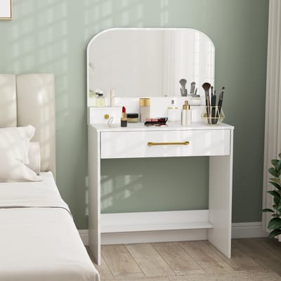 MODFU Kaptafel Met Spiegel En 3 Laden - Compact - Modern - Voor Slaapkamer - Hout - Wit - 80 X 40 X 135 Cm