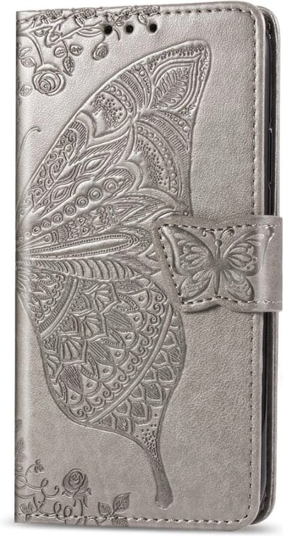 Hoesje geschikt voor iPhone 16 - Bookcase - Pasjeshouder - Portemonnee - Vlinderpatroon - Kunstleer - Grijs