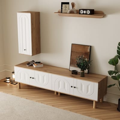 MODENUIT Tv-meubelset - Wandcombinatie Met Vitrinekast En Wandplank - Voor Woonkamer - Wit En Naturel - 170x40x50 Cm