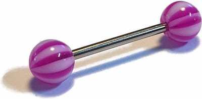 Aramat Jewels | Tongpiercings | Kleurrijke Gestreepte Tongpiercing van Staal | Gestreept-Paars-Wit | |6mm | Staal | Volwassenen | Verkleurd niet