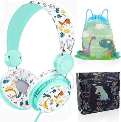 StayPowered Kinderheadset - Schattige Dinosaurusontwerp voor Comfortabel Luisterplezier! - Geïntegreerde Microfoon - Inclusief Geschenkdoos - Uitgebreide Volumecontrole - Schattig Cartoondesign - Wit - Levering Sneller dan Aangegeven!