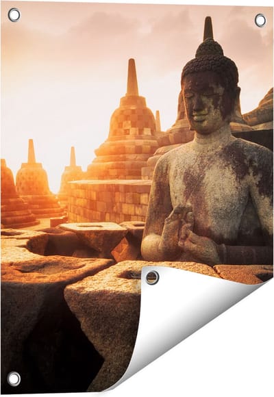 Gards Tuinposter Boeddha Beeld in een Tempel - 40x50 cm - Tuindoek - Tuindecoratie - Wanddecoratie buiten - Tuinschilderij