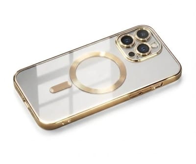 Transparant goudkleurig telefoon hoesje met metallic randen – geschikt voor iPhone 15 Pro MagSafe – luxe backcover met MagSafe ring en camera bescherming
