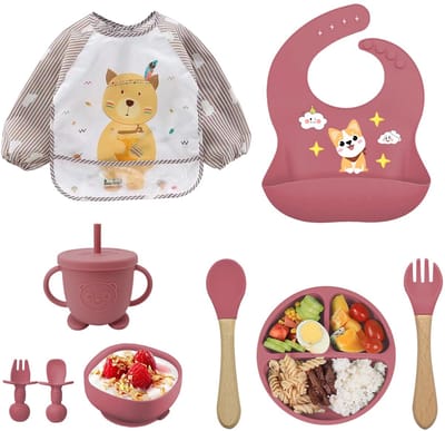 Kinderserviesset, bestek met zuignapbord, vork met houten handvat, slabbetjesset (roze)