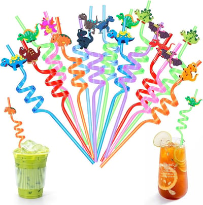 Thijox - 16 Stuks BPA-Vrije Kleurrijke Plastic Rietjes met Dinosauruspatronen, Herbruikbare Krullend Rietjes voor Kinderen en Verjaardagsfeesten
