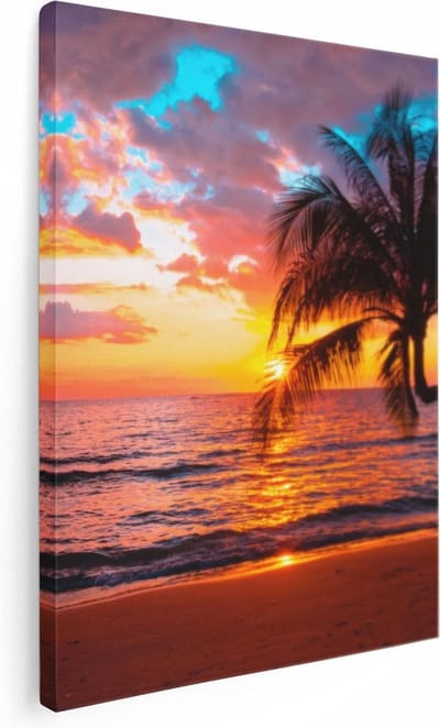 Artaza Canvas Schilderij Palmboom Zee - 30x40 cm - Klein - Wanddecoratie Zonsondergang - Muurdecoratie Strand - Kamer Accessoires