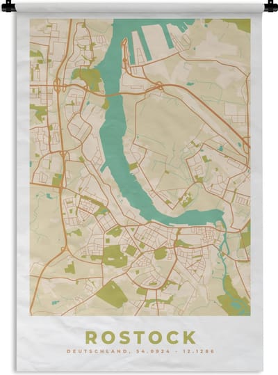 Wandkleed - Wanddoek - Rostock - Plattegrond - Stadskaart - Kaart - Vintage - 120x180 cm - Wandtapijt