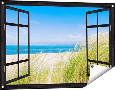 Gards Tuinposter Doorkijk Strand en Zee met een Zeilboot - 90x60 cm - Tuindoek - Tuindecoratie - Wanddecoratie buiten - Tuinschilderij