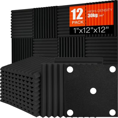 Dailygoods- Schuimpanelen set van 12 - Geluidsisolerende wiggen - Geluidsabsorberende blokkering - Geluidsdempende panelen - Hoge dichtheid - 1 x 12 x 12 inch - Geluidsisolatiepanelen