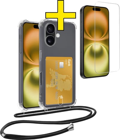 Hoesje Geschikt voor iPhone 16 Telefoonhoesje Met Koord Case Pashouder Met Screenprotector Siliconen - Hoes Geschikt voor iPhone 16 Hoesje Met Kaarthouder - Transparant