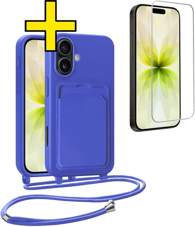 Hoesje Geschikt voor iPhone 17 Telefoonhoesje Met Koord Case Pashouder Met Screenprotector Siliconen - Hoes Geschikt voor iPhone 17 Hoesje Met Kaarthouder - Felblauw