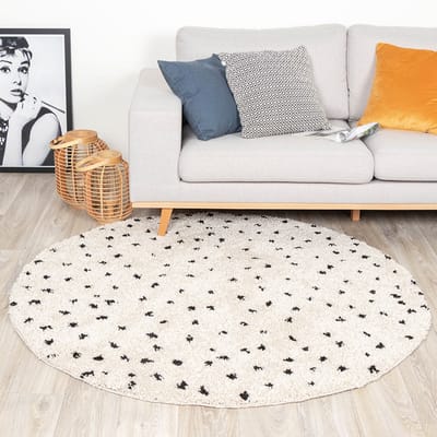 Fraai Rond hoogpolig vloerkleed - Grand Dots Creme/Zwart - Ø 100cm