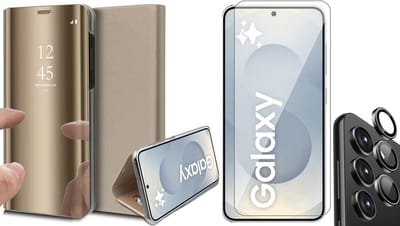 Hoesje geschikt voor Samsung Galaxy S25 - Screenprotector Glas & Camera - Spiegel Book Case Goud