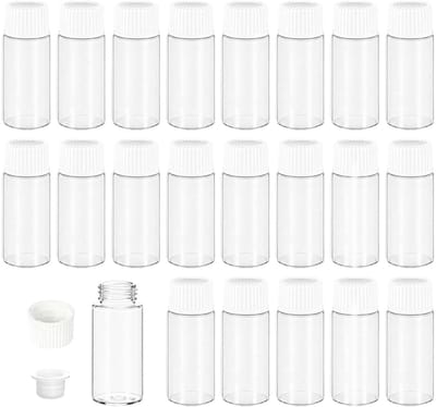 Set van 24 kleine glazen flessen met schroefdop en kunststof stop, 5 ml, lekvrij, transparant - voor monsters en ampullen