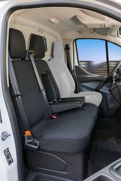 Walser Autostoelhoes Transporter Fit van stof antraciet geschikt voor Ford Transit - Deelbare dubbele bank vooraan (uitsparing voor tafel)