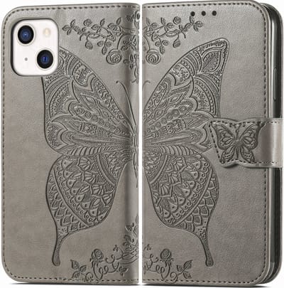 YPCd Bookcase geschikt voor Apple iPhone 14 - Vlinder Design - Portemonnee / Wallet Hoesje - Grijs