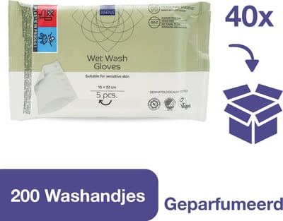 Abena Vochtige Washandjes Wegwerp - Geparfumeerd - 200 Washandjes - Voordeelverpakking 40 x 5 washandjes - Wassen en opfrissen zonder water en zeep - Droogt Snel, geen Handdoek Nodig - Opwarmbaar in de Magnetron - Perfect voor Thuis en Onderweg